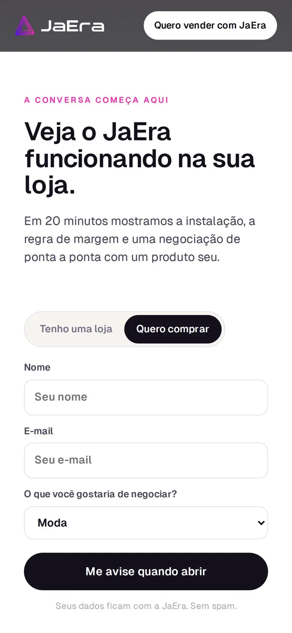Formulário da home da JaEra no celular, um campo por linha