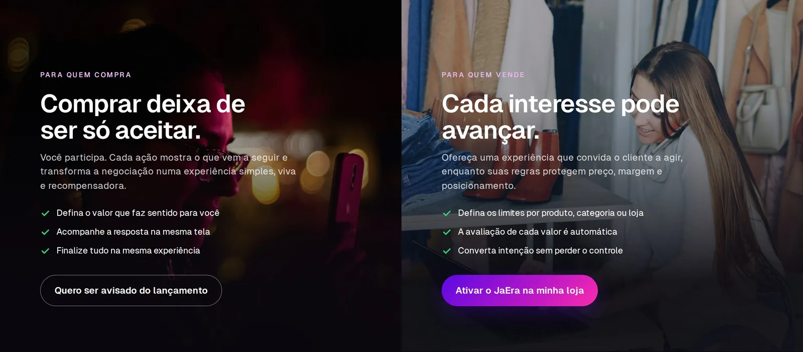 Home dividida em duas metades: Para quem compra, com o botão de aviso do lançamento, e Para quem vende, com o botão para ativar o JaEra na loja
