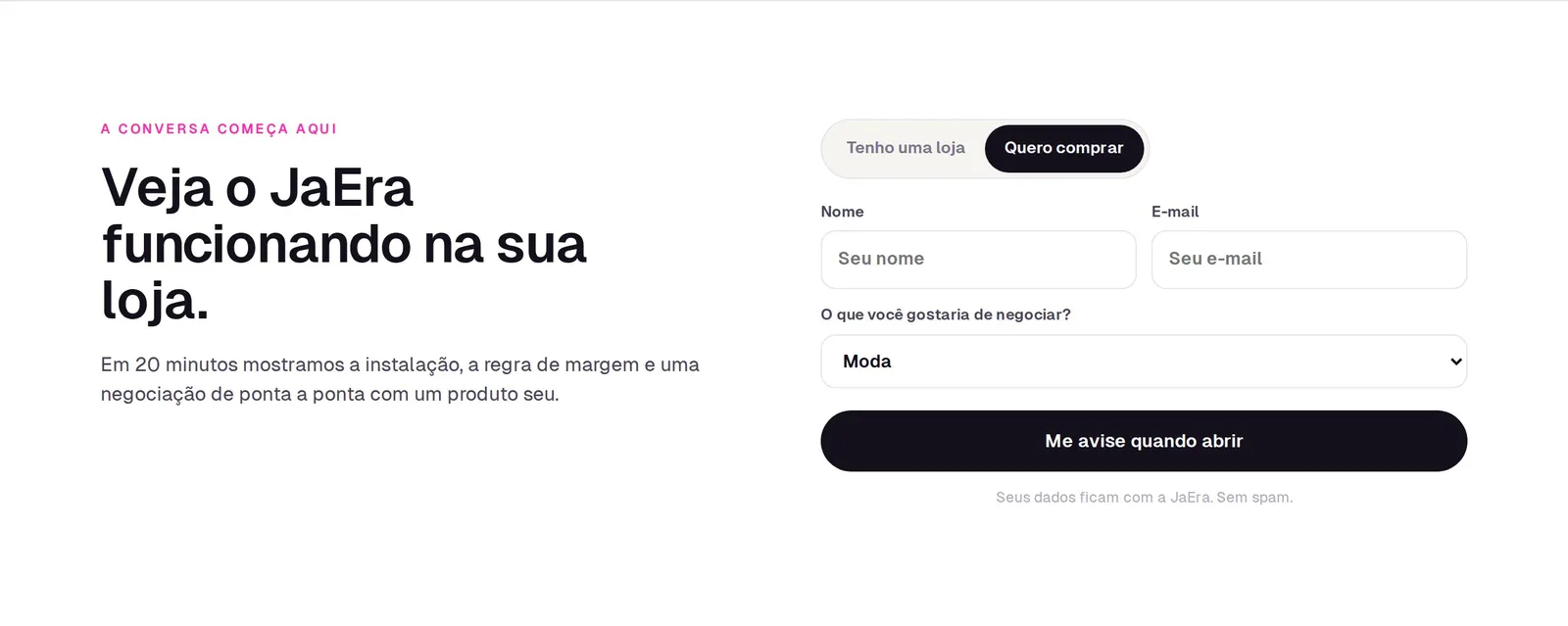 Formulário na aba Quero comprar: nome, e-mail e o que a pessoa quer negociar